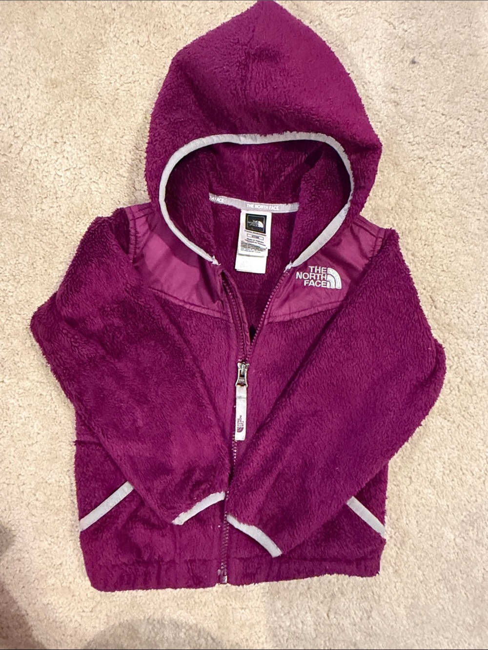 The North Face Girls' Hooded Fleece Jacket in Deep Purple with Gray Trim